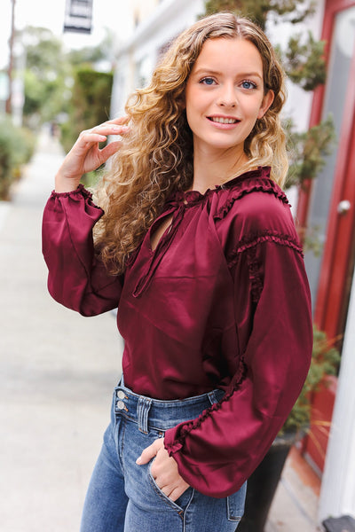 Holiday Vibes Burgundy Frill Detail Tie Neck Satin Top