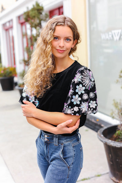 Feeling Glamorous Black Floral Sequin Puff Sleeve Velvet Top