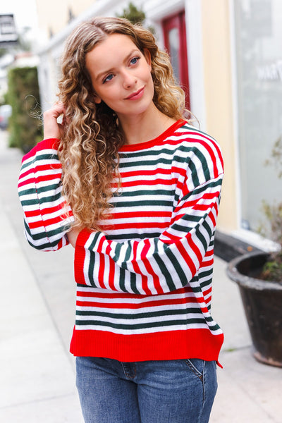 Christmas Red & Green Striped Oversized Knit Sweater