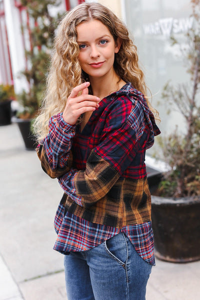 Holiday Ready Red & Mustard Plaid Notched Neck Flannel Hoodie