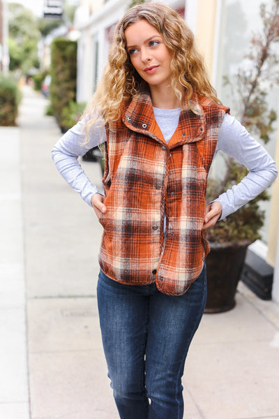 Put Together Rust Taupe Plaid Snap Button Quilted Puffer Vest