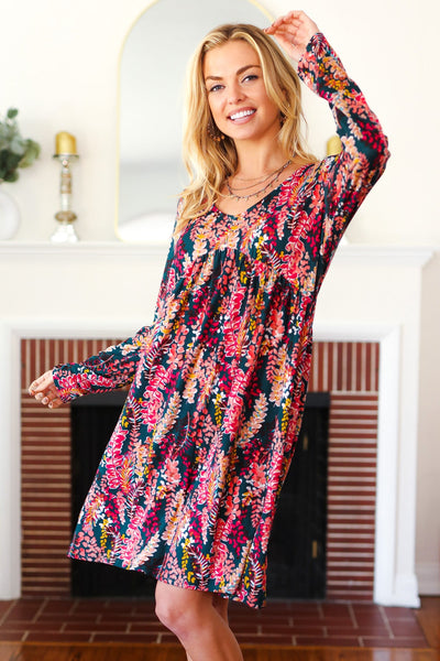 Eyes On You Hunter Green Floral Long Sleeve Babydoll V Neck Dress