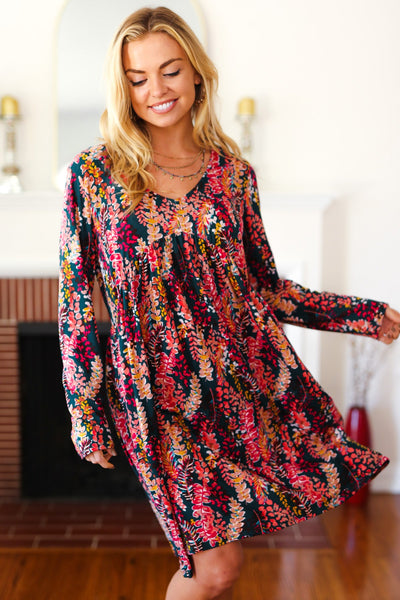 Eyes On You Hunter Green Floral Long Sleeve Babydoll V Neck Dress