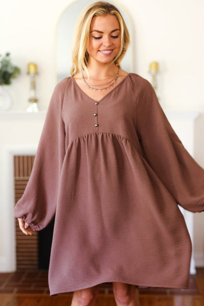 Beautiful You Mocha Woven Waffle V Neck Babydoll Dress