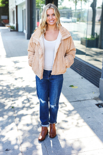 Casual Chic Latte Corduroy Ribbed High Neck Puffer Jacket