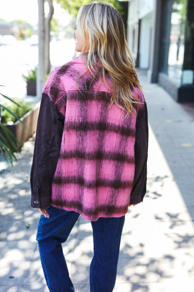 Spread Joy Pink & Brown Plaid Corduroy Button Down Fuzzy Jacket