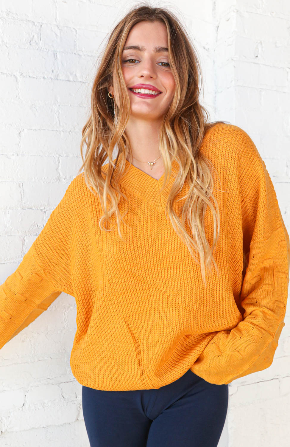 Mustard V Neck Chunky Textured Bubble Sleeve Sweater