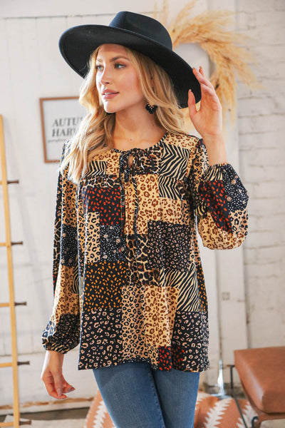 Black & Taupe Multi Leopard Patchwork Yoke Tie String Top