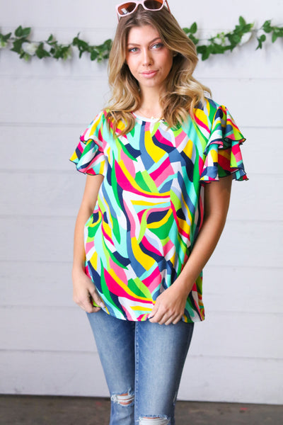 Geo Multicolor Print Flutter Sleeve Woven Top