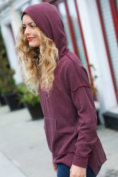 A New Day Burgundy Mineral Wash Rib Knit Hoodie