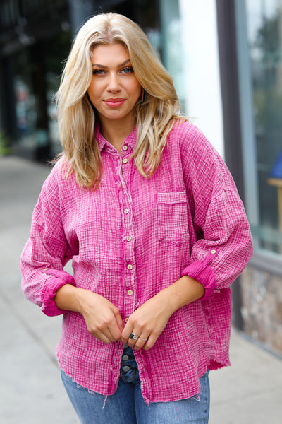 Magenta Washed Cotton Gauze Button Down Shirt