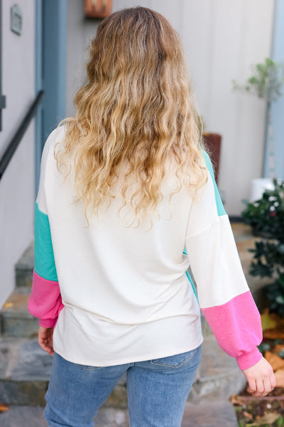 The Slouchy Mint & Pink Drop Shoulder Terry Color Block Top