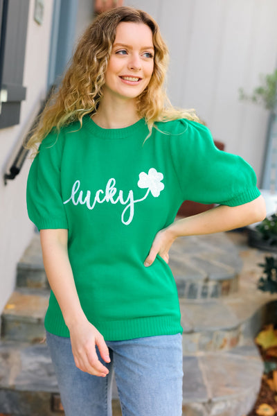 Lucky Lady Shamrock Green Sequin Puff Sleeve Knit Sweater Top