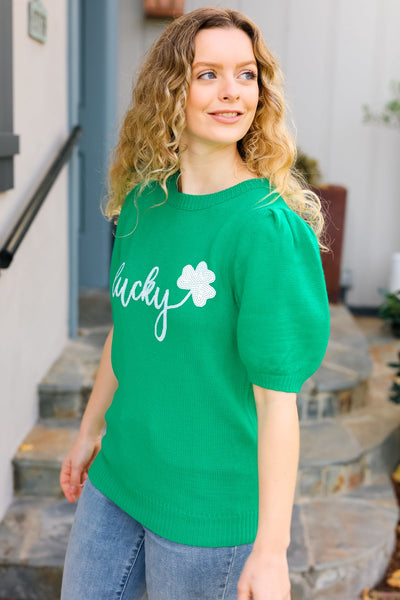 Lucky Lady Shamrock Green Sequin Puff Sleeve Knit Sweater Top