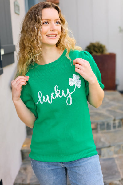 Lucky Lady Shamrock Green Sequin Puff Sleeve Knit Sweater Top