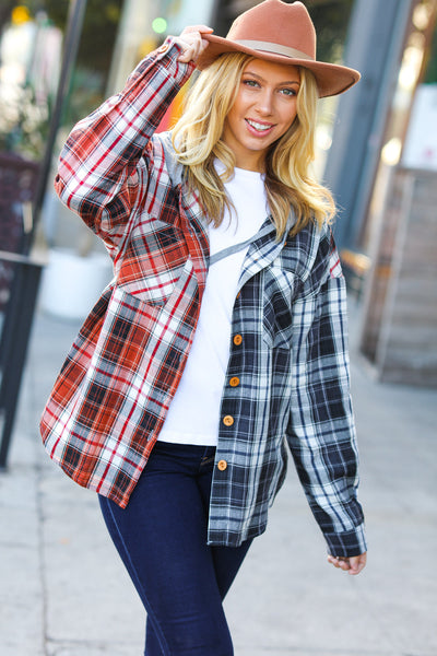 Rust & Charcoal Plaid Colorblock Hoodie Shacket