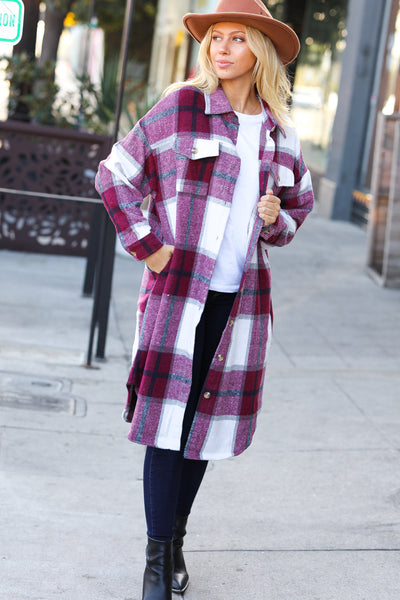 Eyes On You Burgundy Plaid Longline Jacket