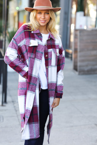 Eyes On You Burgundy Plaid Longline Jacket