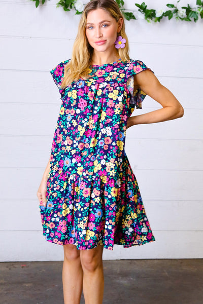 Navy Flat Floral Woven Poplin Ruffle Frill Sleeve Dress