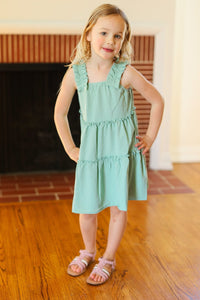 Kids Joyful Sage Tiered Ruffle Sleeveless Dress