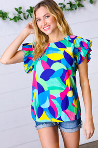 Multicolor Geo Smocked Ruffle Frill Sleeve Top