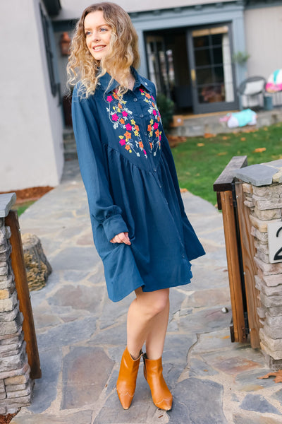 Just Imagine Navy Floral Embroidered Button Down Long Sleeve Dress