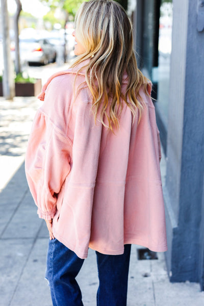 Beautiful You Blush Cinched Waist Zip Up Fleece Jacket