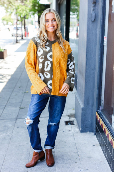 Feeling Casual Chic Mustard Animal Print Cable Color Block Sweater