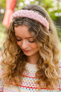 Pink Satin Daisy Rhinestone Headband