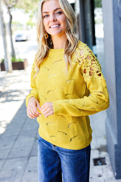 Mustard Pointelle Lace Shoulder Knit Sweater