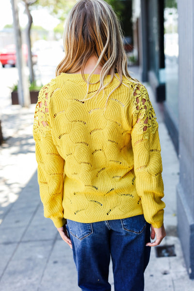 Mustard Pointelle Lace Shoulder Knit Sweater