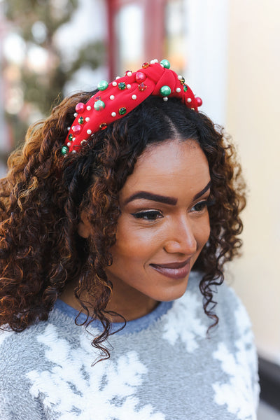 Red Faux Pearl & Jewels Top Knot Holiday Headband