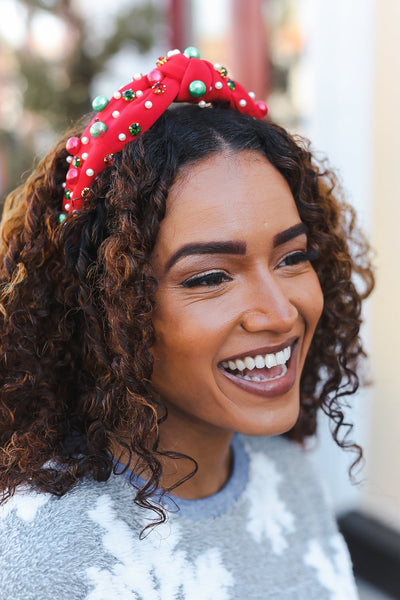 Red Faux Pearl & Jewels Top Knot Holiday Headband