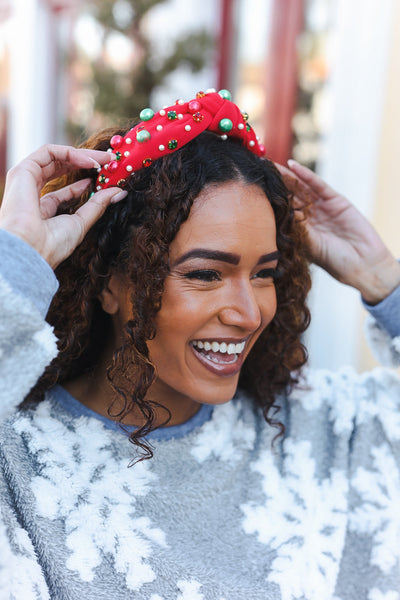 Red Faux Pearl & Jewels Top Knot Holiday Headband