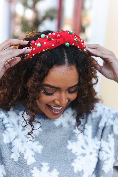 Red Faux Pearl & Jewels Top Knot Holiday Headband