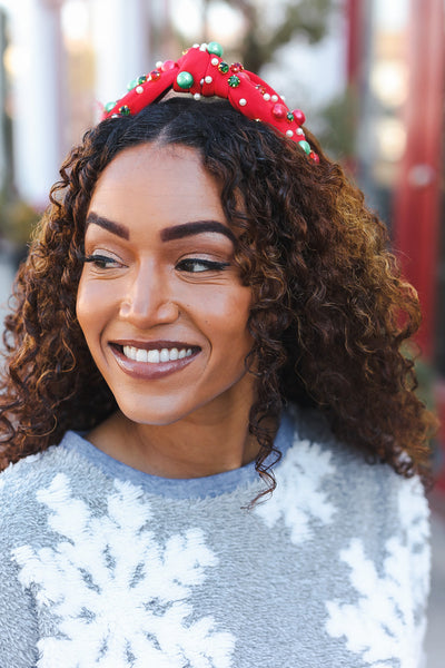 Red Faux Pearl & Jewels Top Knot Holiday Headband