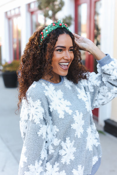 Green Faux Pearl & Jewels Top Knot Holiday Headband