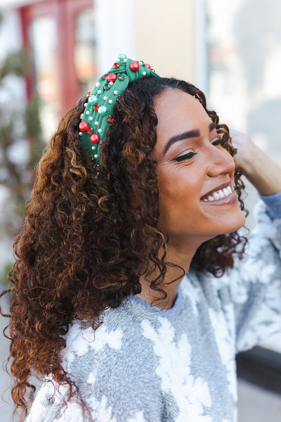 Green Faux Pearl & Jewels Top Knot Holiday Headband