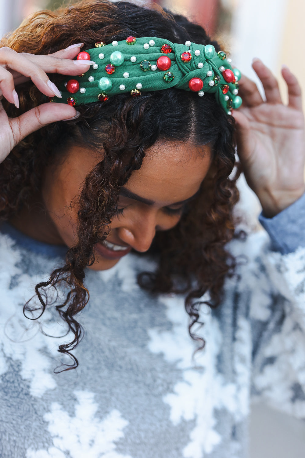 Green Faux Pearl & Jewels Top Knot Holiday Headband