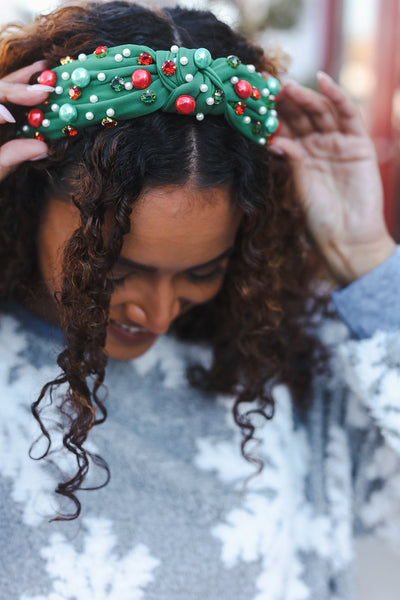 Green Faux Pearl & Jewels Top Knot Holiday Headband