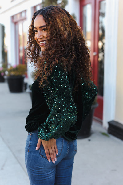 Under the Lights Green Velvet & Sequin Frill Mock Neck Top