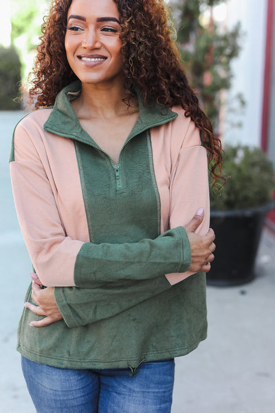 Holiday Vibes Taupe/Green Fleece Zip Up Cinched Hem Pullover