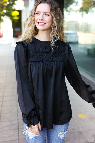 Be Your Best Black Satin Shirred Yoke Frilled Mock Neck Top