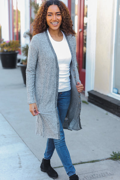 Spread Joy Grey Brushed Knit Crochet Button Down Duster Cardigan