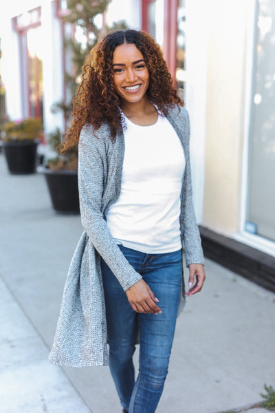 Spread Joy Grey Brushed Knit Crochet Button Down Duster Cardigan