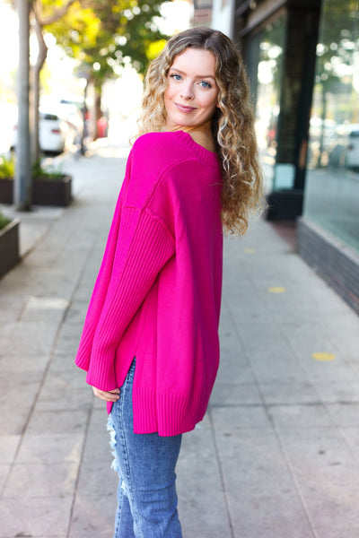 Be Bold Magenta Oversized V Neck Rib Knit Sweater