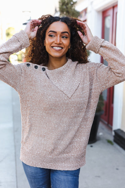 You Got This Marbled Taupe Rib Button Collared Sweater Pullover