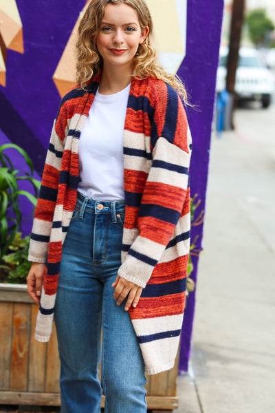 Put Together Rust & Navy Striped Pocketed Cardigan