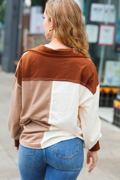 Sepia Ivory & Taupe Color Block Button Down Pullover