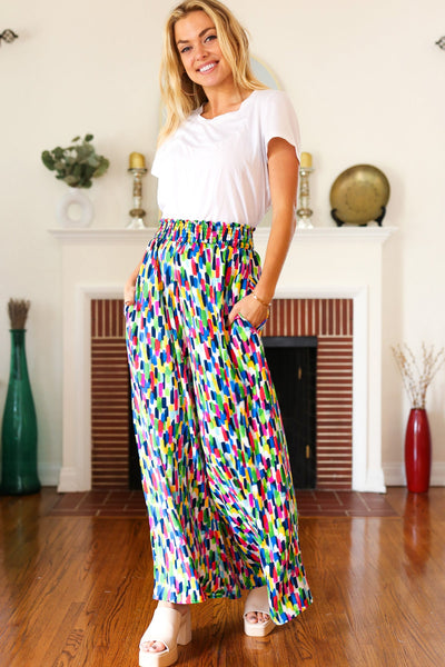 Stand Out Navy & Green Abstract Print Smocked Waist Palazzo Pants